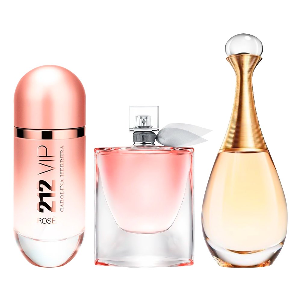 Combo Feminino com 3 Perfumes  - 212 VIP Rosé, La Vie est Belle e J'adore